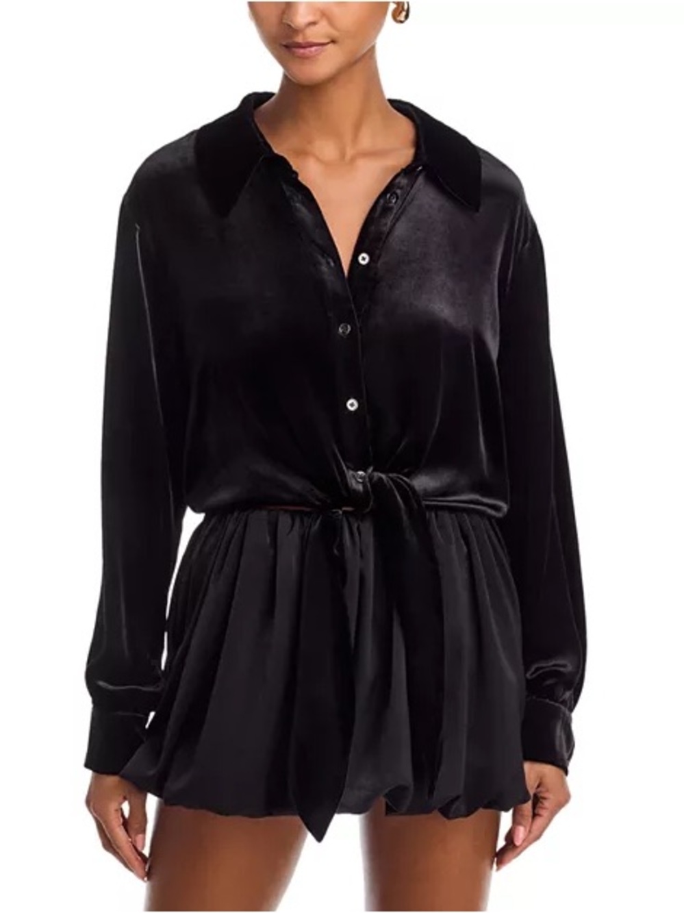 Ramy Brook Black Velvet Tie Front Button Up Long Sleeve Shirt